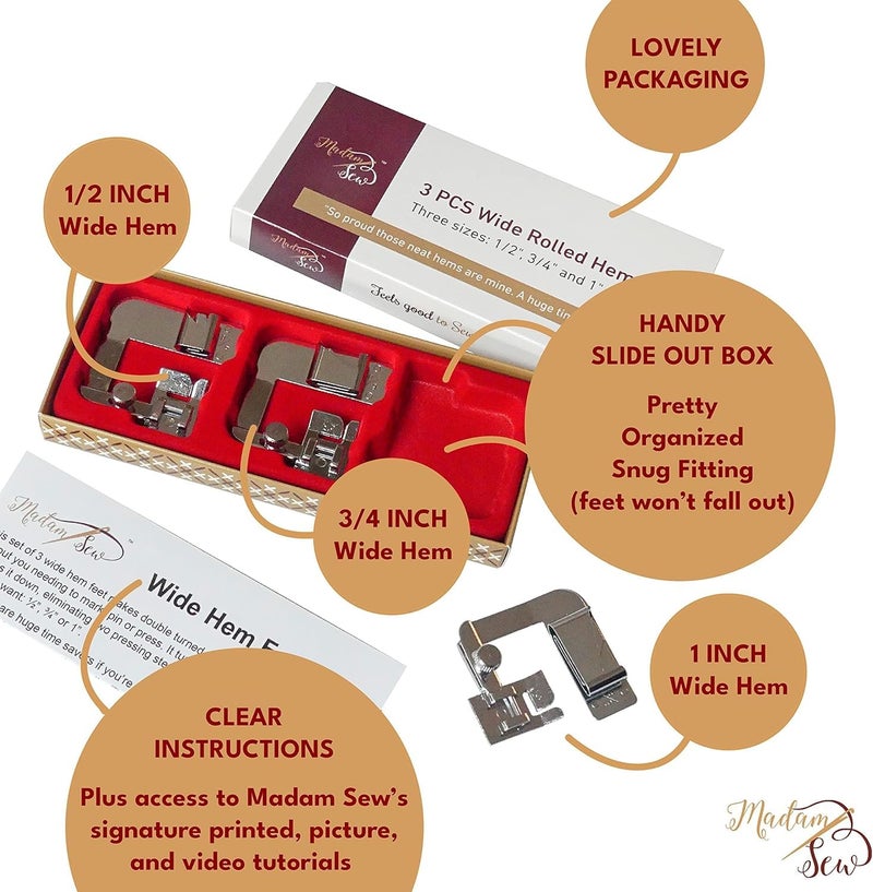 Madam Sew Rolled Hem Presser Foot Set â€“ 3 Piece Wide Hemming Foot Kit Includes 1/2â€, 3/4" & 1â€ Presser Feet â€“ Rolled Hem Foot Compatible with Most Models of Singer, Brother, Babylock, Euro-Pro, Janome - Image 2
